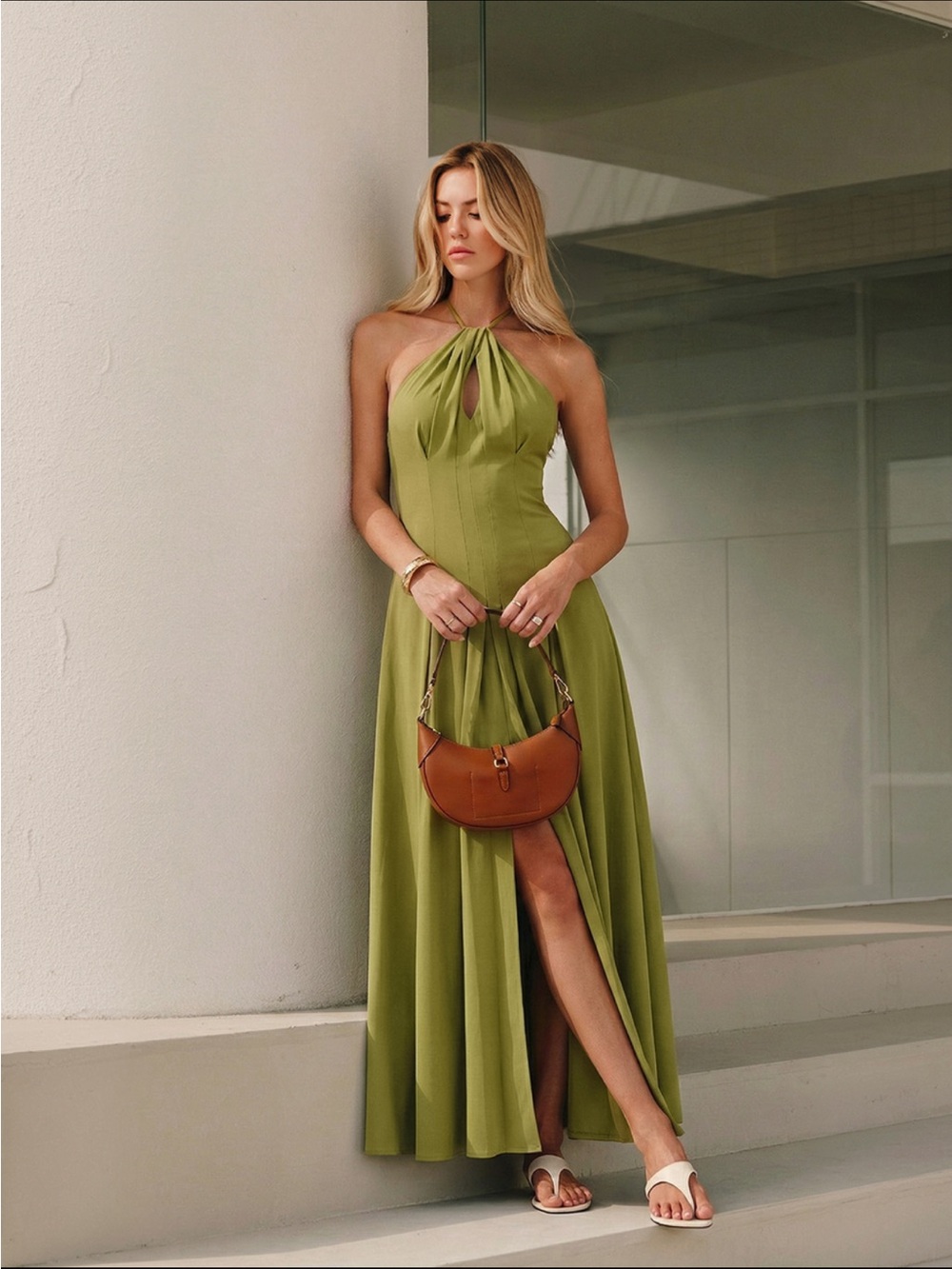 BNWT XS Commense Olive Halter Maxi Dress with Front Keyhole